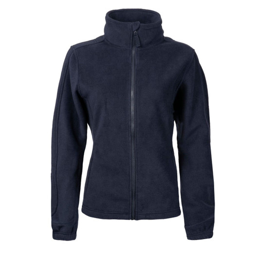 A full zip polar fleece jacket in navy blue with a high collar and zippered front. It features a logo on the chest.