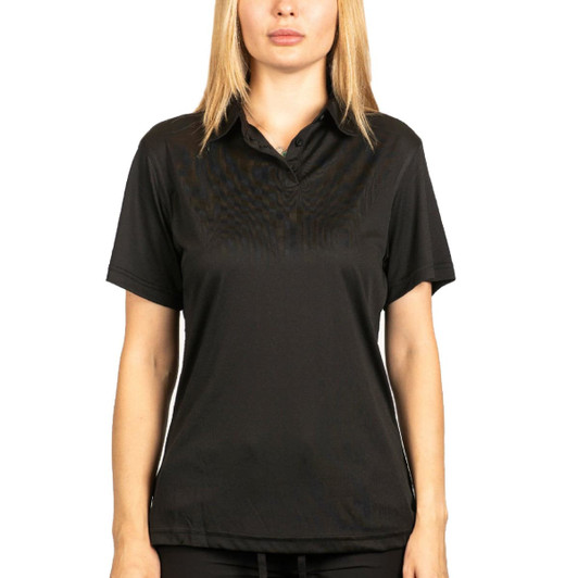 A black golf polo shirt with a collar and short sleeves, featuring a logo.