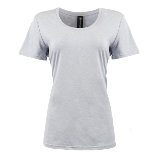 A light grey scoop neck shirt with short sleeves, featuring a logo at the neck.