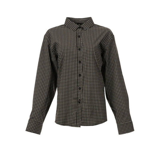 A black and grey checkered shirt with a button-up front and long sleeves. Features a collar and has a logo.