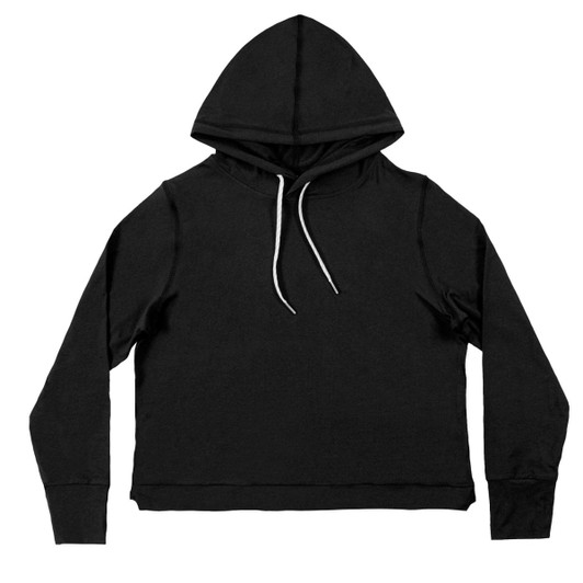 A black crop hoodie with a hood and drawstrings, featuring a simple design and long sleeves.