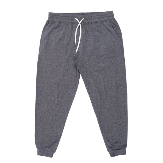 A pair of soft grey joggers featuring an elastic waistband and drawstring, with side pockets.
