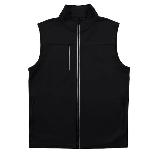 A black vest with a high collar, front zip, and zippered pockets, featuring a logo.