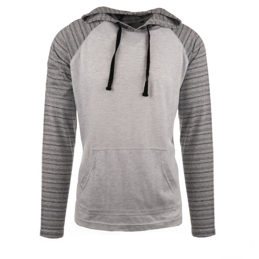 A yarn-dyed long sleeve knit hoodie featuring a grey body and striped sleeves, with a front pocket and a hood.