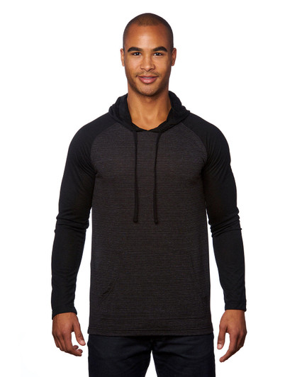 A long sleeve knit hoodie in black and dark grey, featuring a hood and raglan sleeves. It has a logo on it.