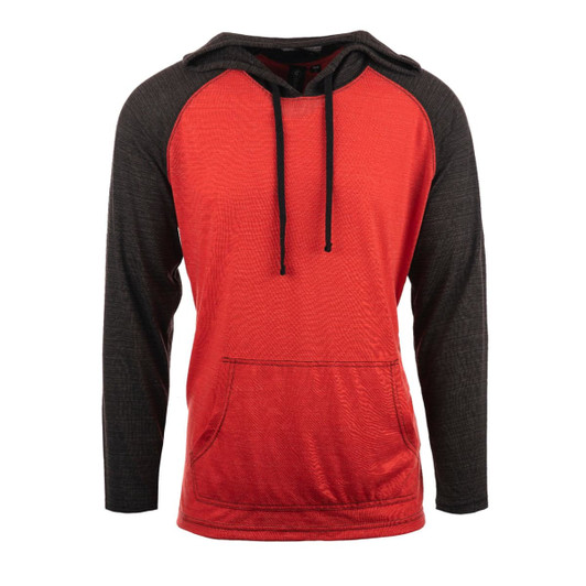 A yarn-dyed long sleeve knit hoodie in red and black, featuring a front pocket and a drawstring hood.