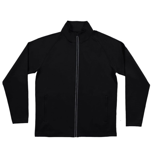 A black full zip jacket featuring a high collar and two front pockets. It has a logo on the chest.