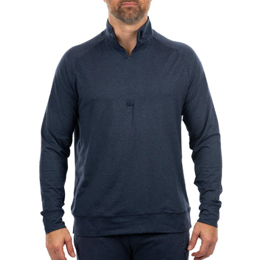 A navy blue soft jersey quarter zip jumper with long sleeves and a collar. The item features a subtle logo.