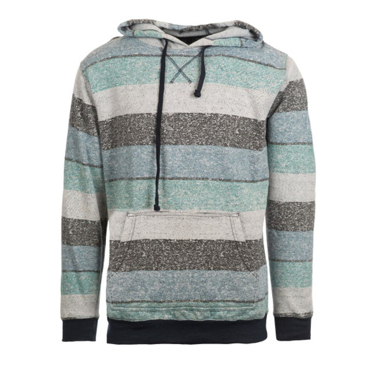 A fleece pullover in a striped pattern featuring shades of teal, grey, and cream, with a front pocket and hood.