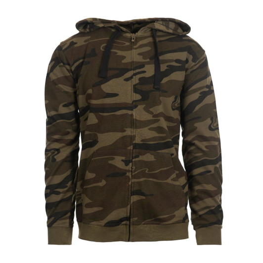 A full zip hoodie in camouflage pattern, featuring a hood and drawstrings, in shades of green and brown.