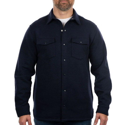 A navy fleece snap jacket with two chest pockets and a buttoned front, featuring a logo on the chest.