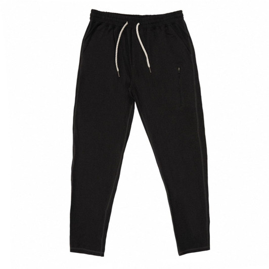 A pair of black soft jersey joggers with a drawstring waist and side pockets. The joggers have a logo.