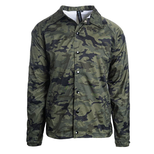 A camouflage coaches jacket in shades of green, featuring a button-up front and a collar. It includes a logo.