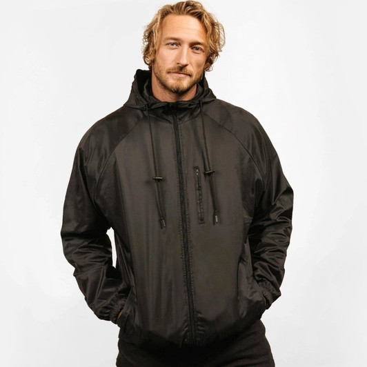 A black nylon jacket with a hood and adjustable drawstrings features a sleek, lightweight design. It has a logo.