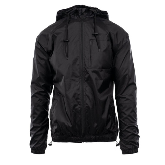 A black nylon jacket featuring a hood, zippered pockets, and a 600 PU coating for added durability.