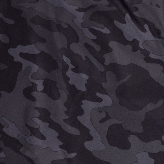 A fabric with a black camouflage pattern, showcasing various shades of grey in a textured design.