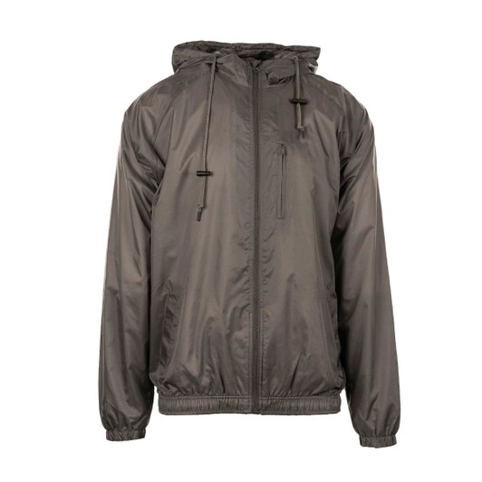 A nylon jacket in grey with a hood and adjustable drawstrings, featuring a zippered front pocket and elastic cuffs.