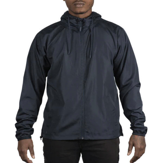 A lightweight windbreaker jacket in navy blue, featuring a hood and drawstrings, with a logo on the front.