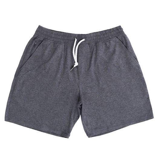 Soft jersey shorts in a plain dark grey colour with an elastic waistband and drawstring. Features pockets on the sides.