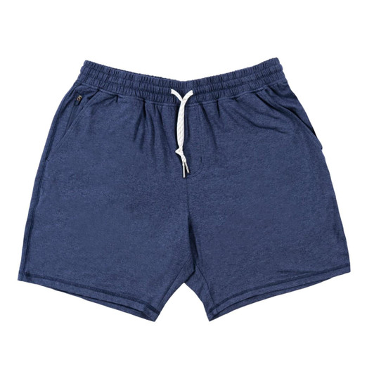 Soft jersey shorts in navy blue with an elasticated waistband and drawstring, featuring side pockets and a logo.