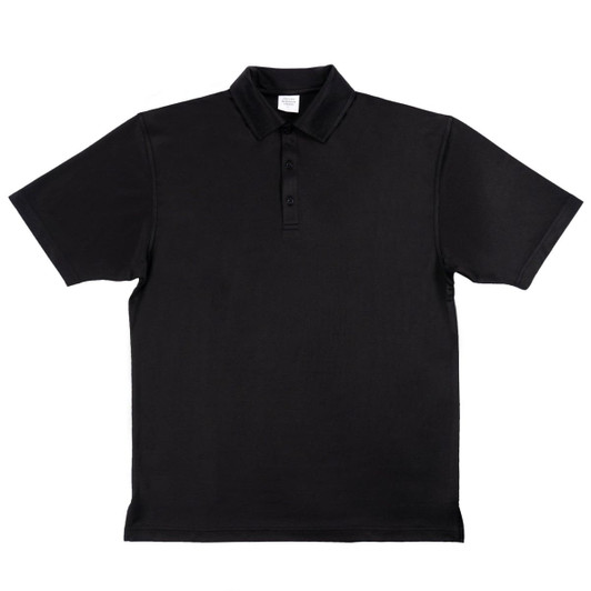 A black polo shirt with a collar and three buttons, featuring an unadorned design. It has a small brand logo.