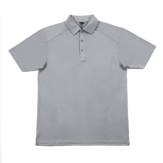 A grey polo shirt with a collared neckline and button placket, featuring a logo on the chest area.