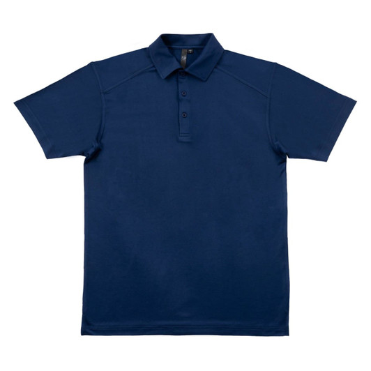 A navy blue polo shirt with a collared neckline and three button placket. It has a logo on the chest.