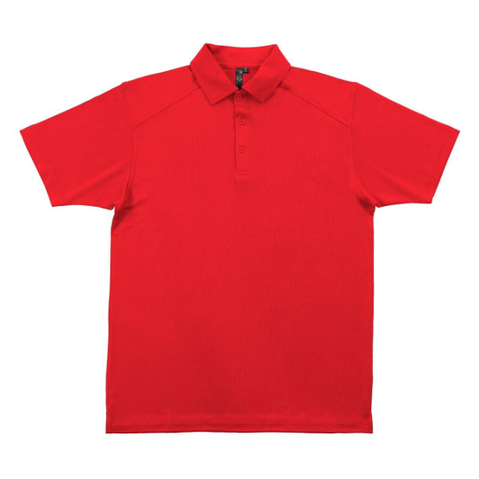 A red polo shirt featuring a collar and a placket with buttons. The shirt has a logo on the chest area.
