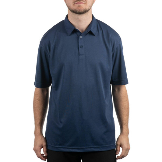 A navy blue Micro Pique Polo shirt displayed on a person, featuring a collar and buttons, with a logo.