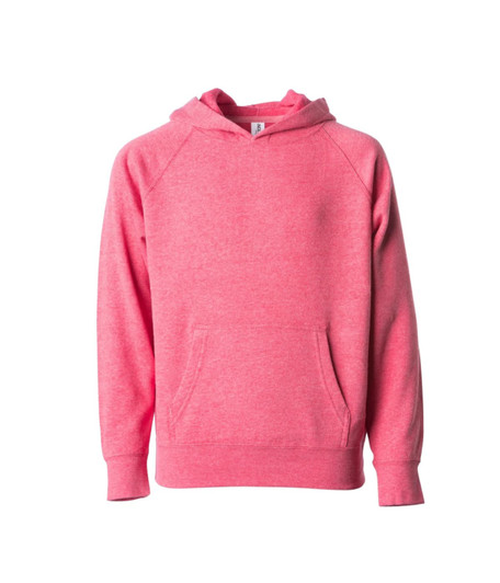 A pink toddler pullover hoodie with a front pocket and a hood, featuring a logo on the label.