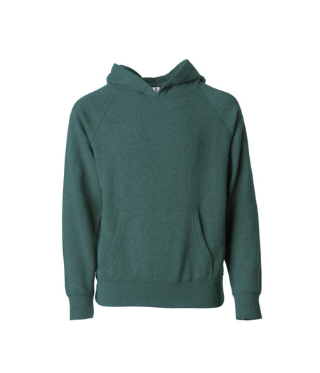 A green pullover hoodie featuring a front pocket and a hood, with raglan sleeves and a simple design.