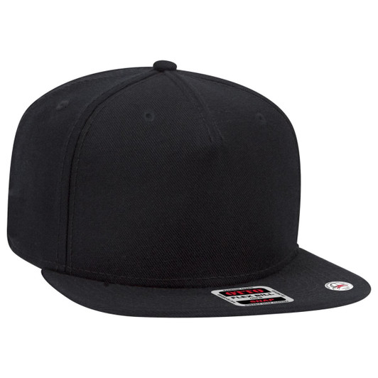 A black snapback cap with a flat brim, featuring eyelets and a logo on the side.