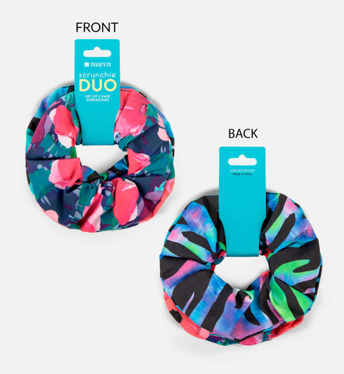 A duo set of printed scrunchies featuring a vibrant floral design and a bold abstract pattern. Includes a branded tag.