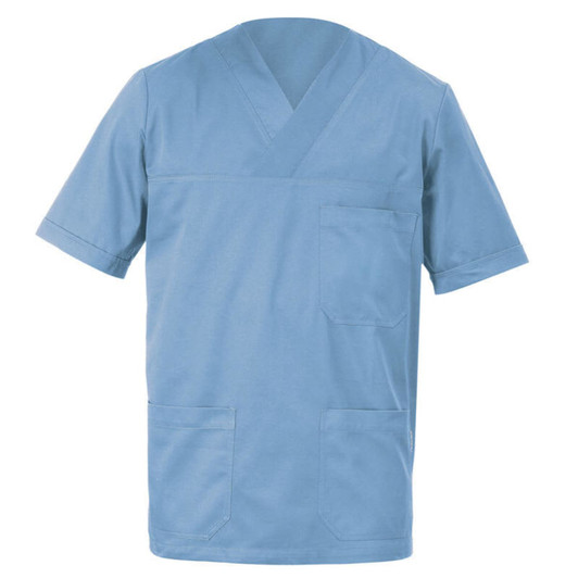 A blue Alberto Tunic featuring short sleeves and multiple pockets. The design includes a v-neckline and a logo.