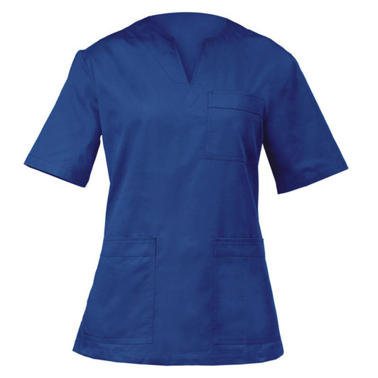 A navy blue tunic featuring a v-neck, short sleeves, and multiple pockets. It has a logo on the left chest area.