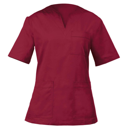 A red Margherita Tunic with short sleeves and a V-neck, featuring a front pocket and two side pockets.