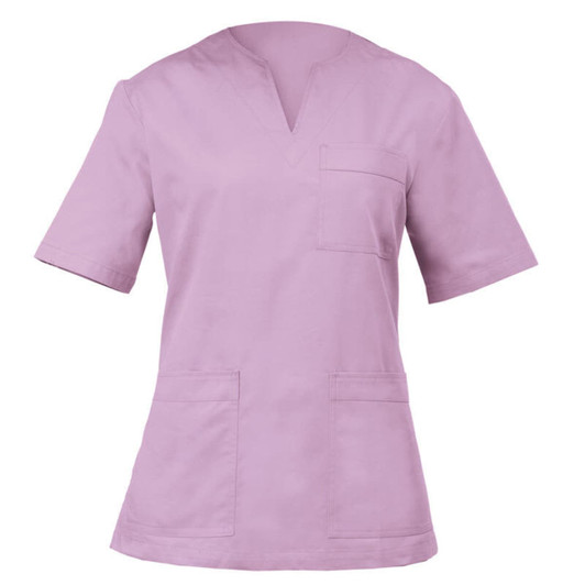 A lilac Margherita Tunic featuring a V-neck, short sleeves, and front pockets, with a small logo.