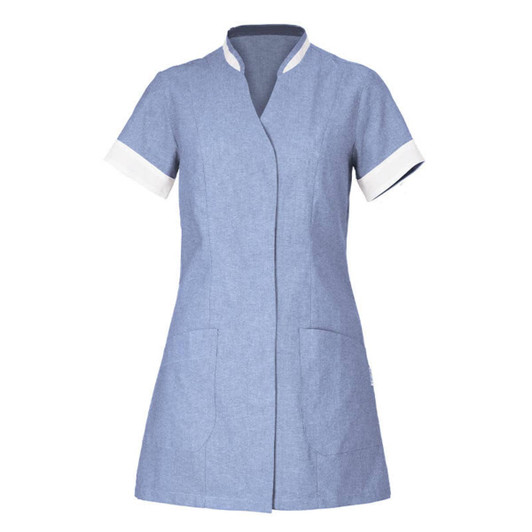 Aurelia Tunic in blue with white accents, featuring a short sleeve design and two front pockets.