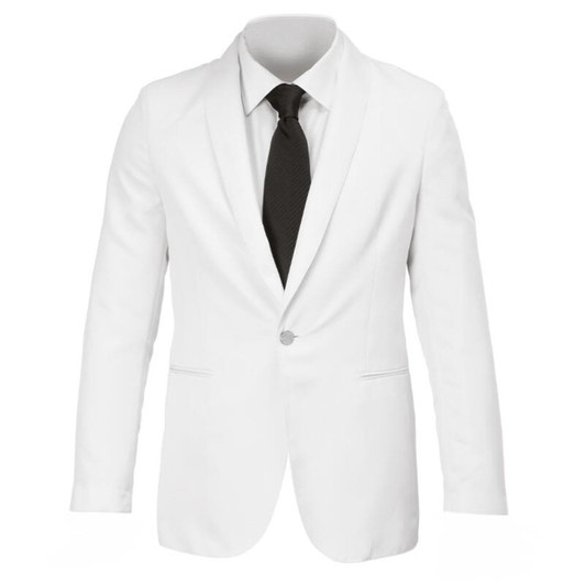 A white jacket with a sleek design, featuring a black tie and a single button closure. It has a logo on the label.
