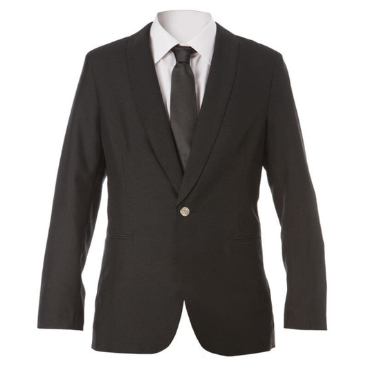 A black Vittorio Jacket featuring a single button and a classic lapel design, paired with a tie.