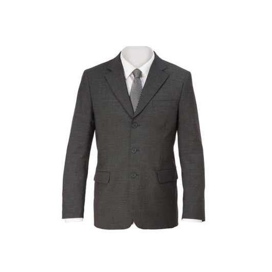 A grey Damiano jacket with a classic cut, featuring three buttons and two front pockets. It includes a dress shirt and tie.