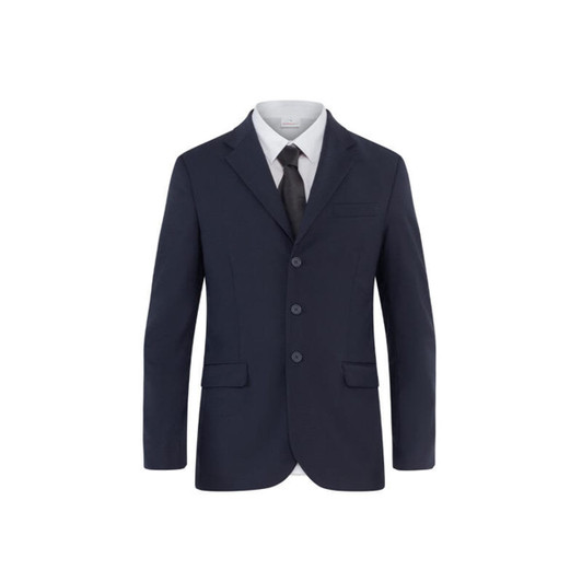 A navy jacket featuring a notched lapel, three buttons, and two front pockets. It has a white shirt and tie underneath.