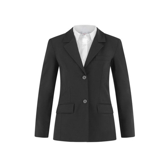 A black ladies' jacket with a fitted design, two front pockets, a single chest pocket, and a collar.