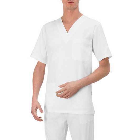 A white tunic with short sleeves and a V-neck, featuring a chest pocket and a plain design.