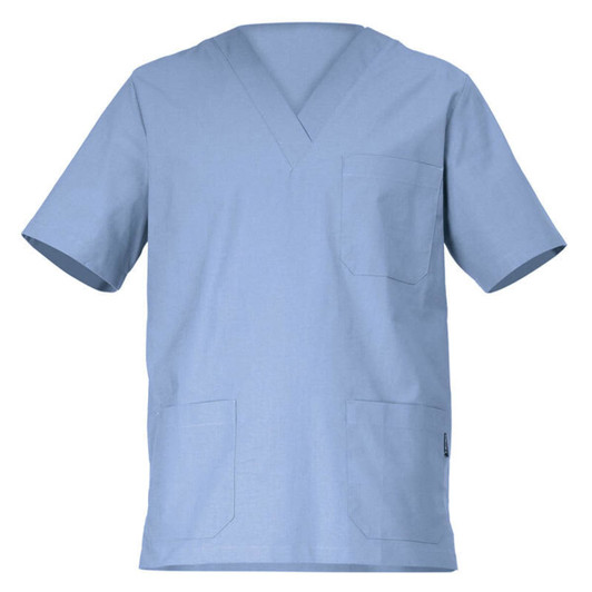 A short-sleeved blue tunic with a V-neck and two front pockets. It features a logo on the side.