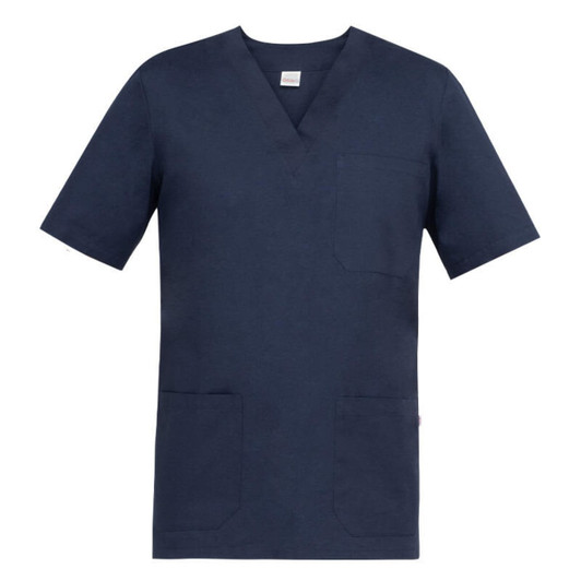 A navy blue Piero Tunic featuring short sleeves, a v-neck, and multiple pockets. The garment has a branding logo.