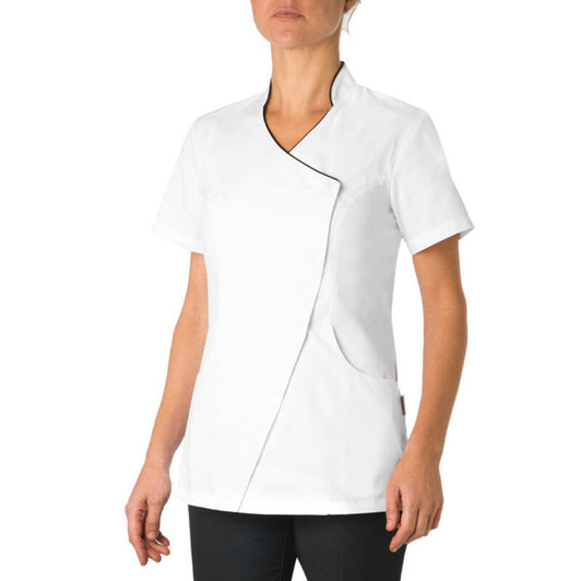 A white tunic with short sleeves and a crossover front design, featuring side pockets and a logo.