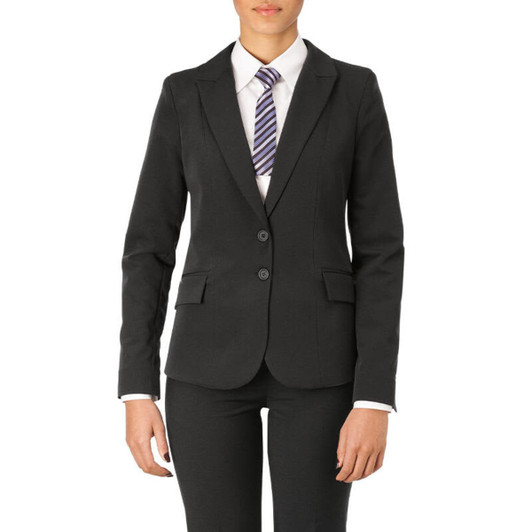 A tailored black jacket featuring two buttons, with a white shirt and striped tie underneath.