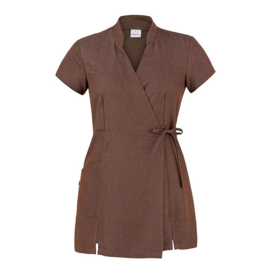A brown salon kimono dress featuring short sleeves, a wrap design, and side pockets, with a tie waist.