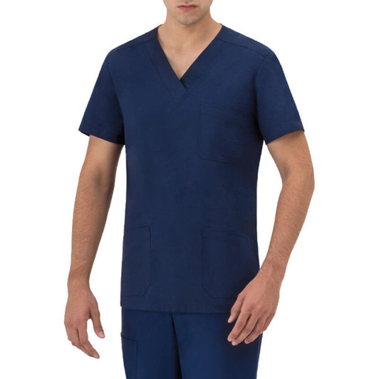A navy blue tunic with short sleeves and a v-neck, featuring a pocket on the front.
